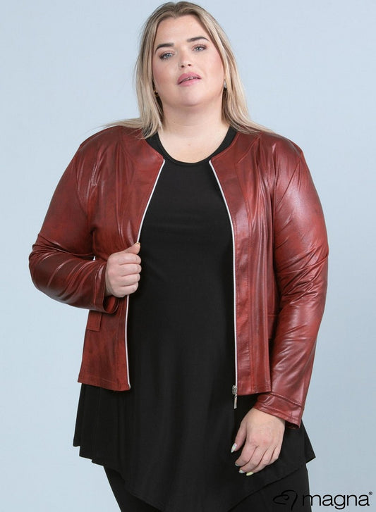 K-0031 Short Leather Look Zip Jacket Wine Red