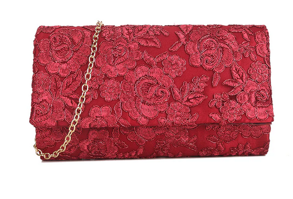 K3369 Flower Design Brocade Clutch Bag Cherry