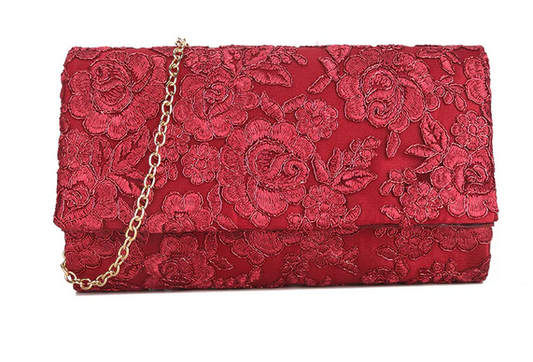K3369 Flower Design Brocade Clutch Bag Cherry