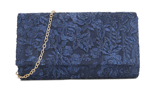 K3369 Flower Design Brocade Clutch Bag Navy