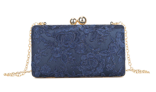 K3370 Flower Brocade Purse Clasp Clutch Navy