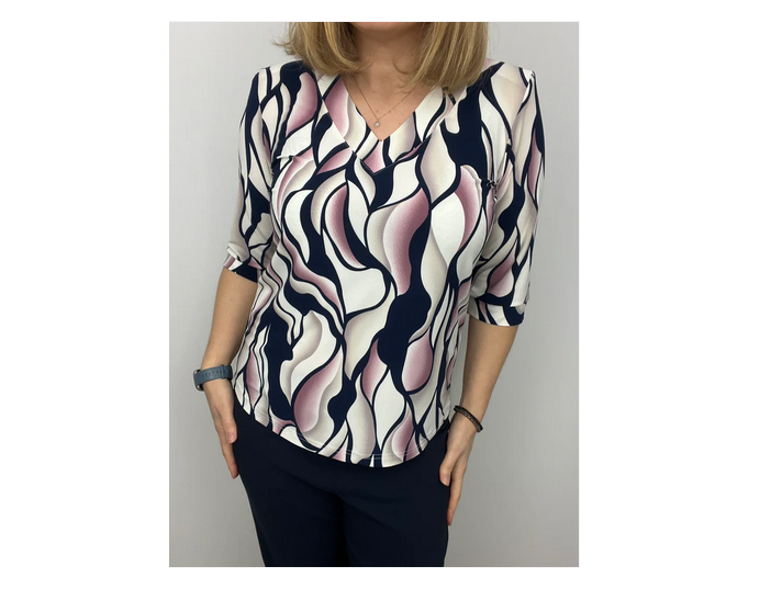 Max106 PRINTED V-NECK 3/4 SLVE SILKY TOP Navy/Pink