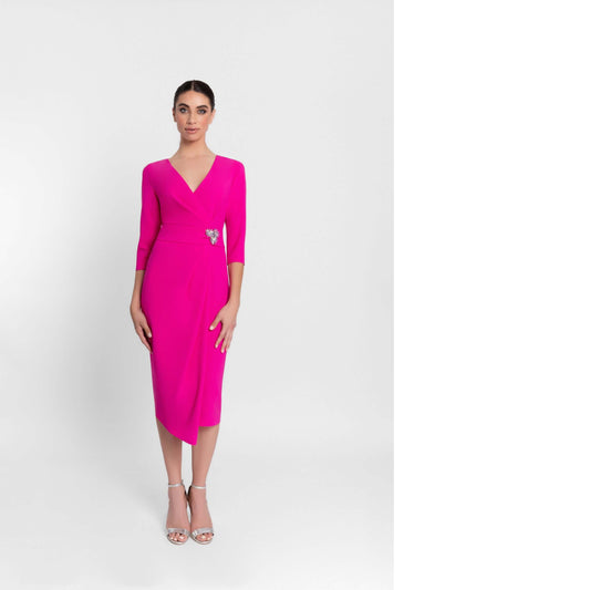 Mh1011.4 Midi Mock Wrap V-Neck 3/4 Sve D Fushia