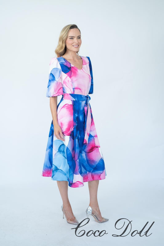 Modi Cd54 Print Dress Sh/Sl With Belt Blue/Pink