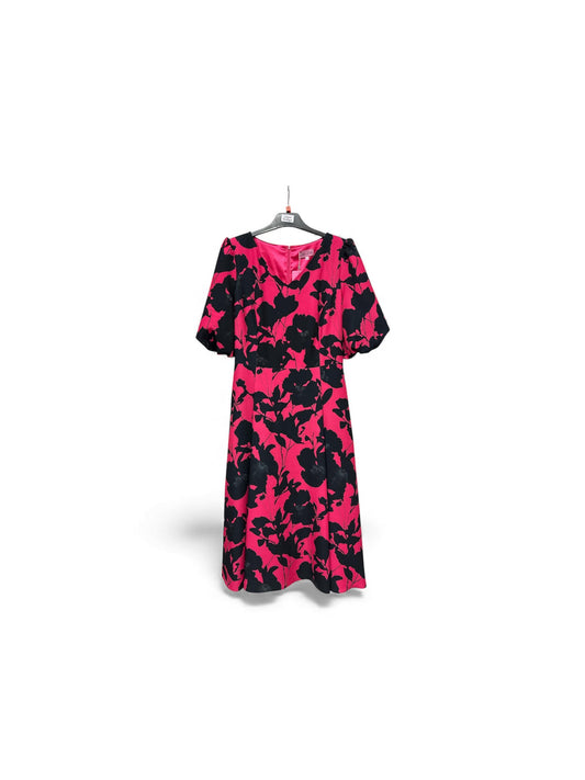Modi Cd934 Leaf Print Puff Sleeve Dress Pink/Black