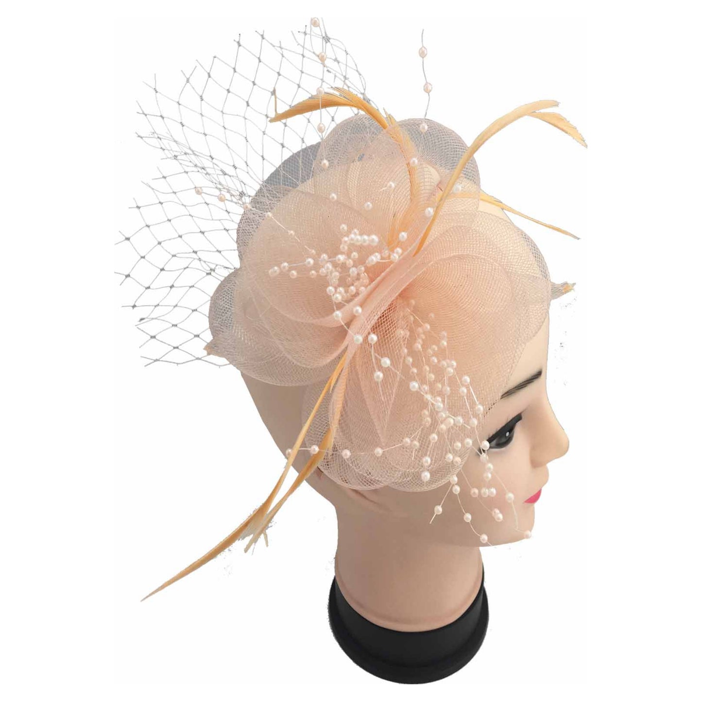 Mx1709-4 Gauze & Feather Fascinator With Peach