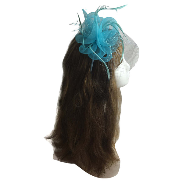 Mx1709-4 Gauze & Feather Fascinator With Sky Blue