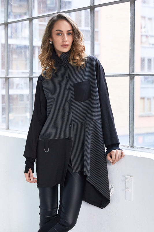 Naw25191 Stripped Blouse Wiht Ang Hem Black