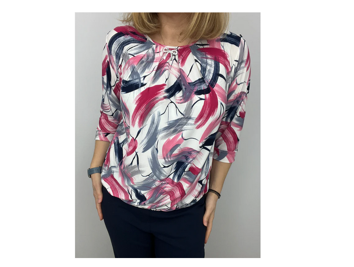 Nk303 PRINT O-NECK 3/4 SLVE TOP BROOCH Navy/Fushia