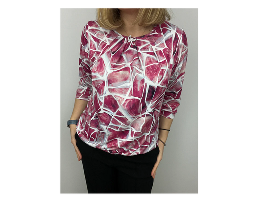 Nk305 PRINTED O-NECK TOP ELASTIC BROOCH Raspberry