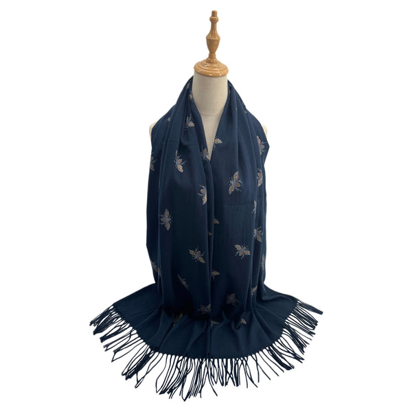 Sf2210-755 Bee Print Polyester Mix Scarf Navy