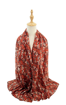 Sf2411-065 Leaf Print Foil Scarf Orange