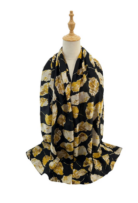 Sf2411-066 Leaf Print Foil Print Scarf Black