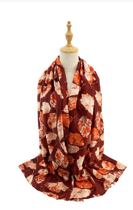 Sf2411-066 Leaf Print Foil Print Scarf Maroon