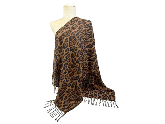 Sf24135-150 Leopard Print Fringed Scarf Tan