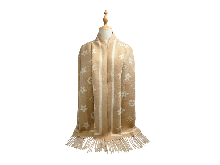 Sf25130-197 Monogram Fringed Scarf Beige