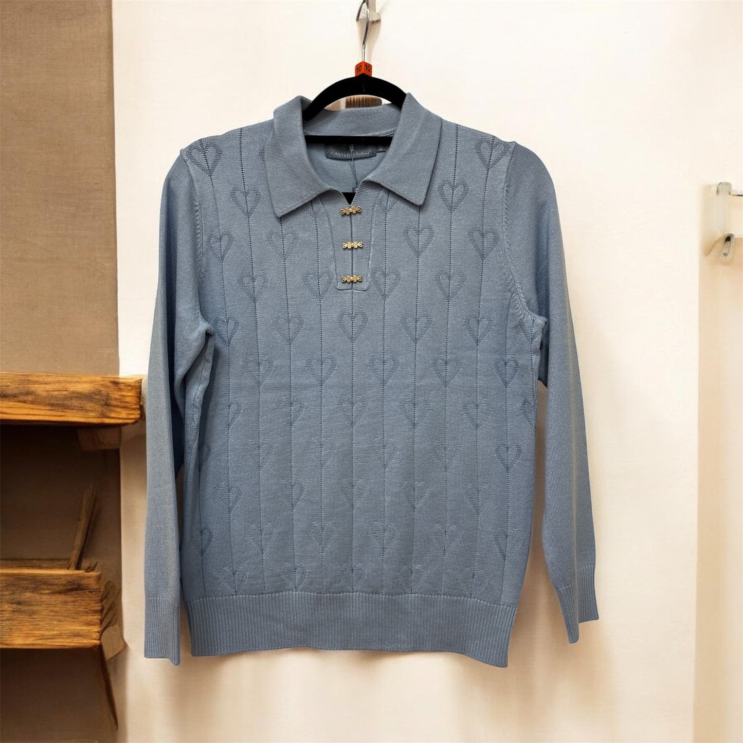 Sv376 Collar 3 Button Jumper With Hearts Blue