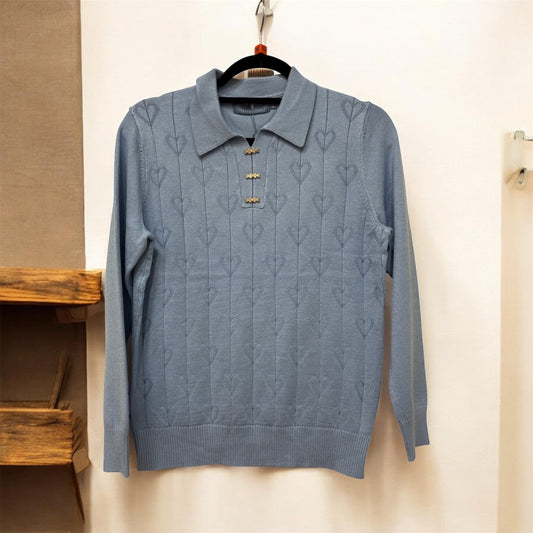 Sv376 Collar 3 Button Jumper With Hearts Blue
