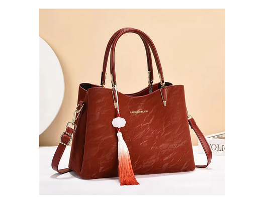 T5001 Velvet Look Short Handle Tassle Ba Wine Red