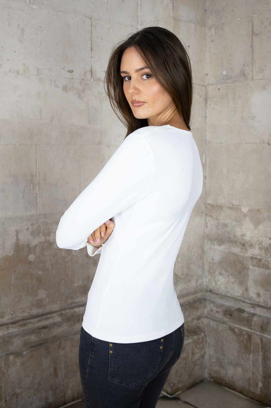 Tara Long Sleeve Silky O-Neck Top White