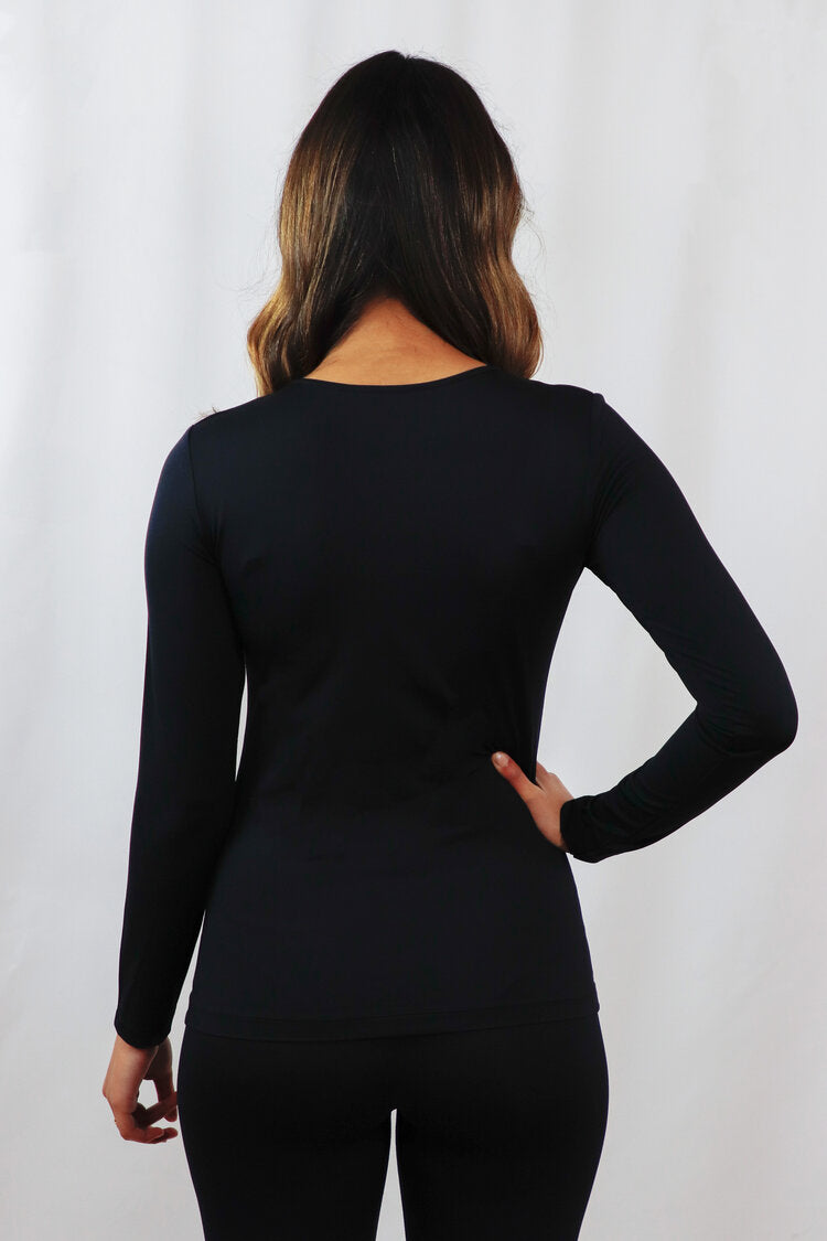 Tara Long Sleeve Silky O-Neck Top Black