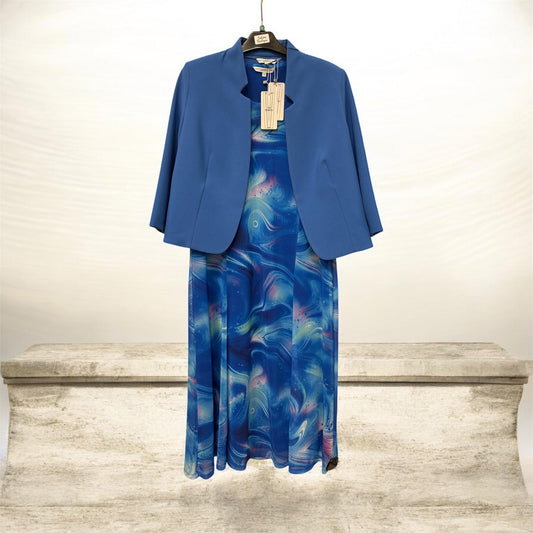 V324 Long Mesh Printed Dress & Bolero Blue