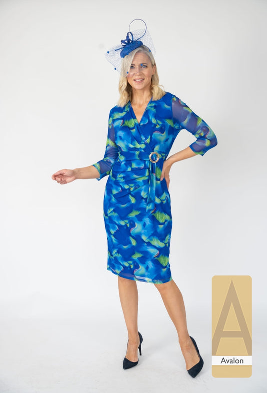 V519 V Neck Print Dress With Buckle Blue/Green
