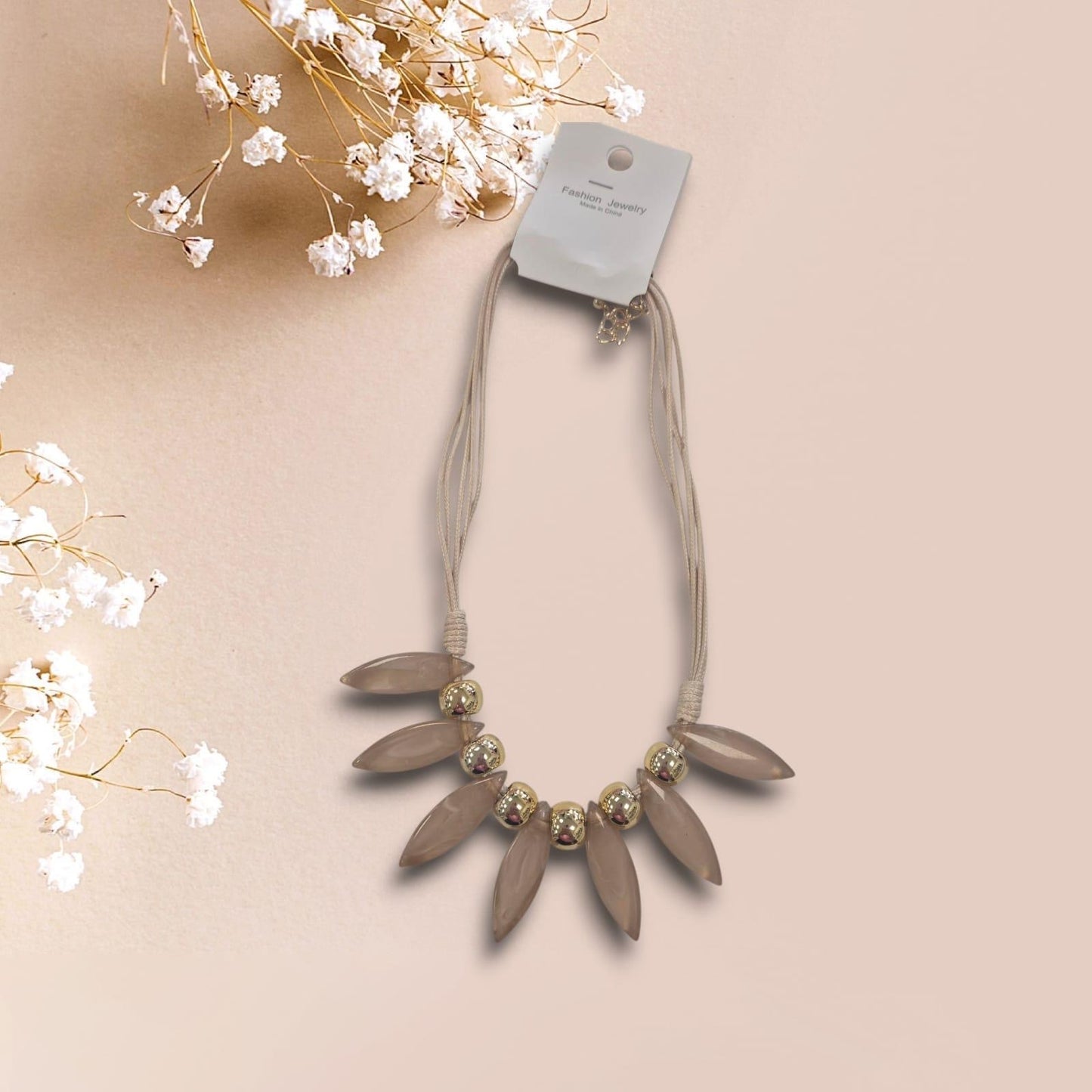 Xn-2663 Oval Beads On Leather Necklace Beige